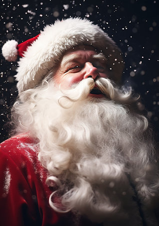 snow santa claus wearing red suit white beard soft blur outdoor background open mouth video reduce duplicate news left align content nose black beak profile closing eyes, generative aiの素材