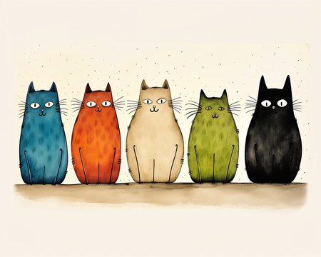 closeup cats sitting ledge illustration flat grey gestalt famous seven princess, generative aiの素材