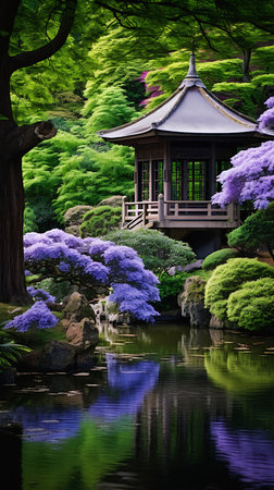 pagoda japanese garden purple flowers trees architectural digest stunning framing dreamy isolated hydrangea plant small cottage foreground green house wow emotionally, generative aiの素材