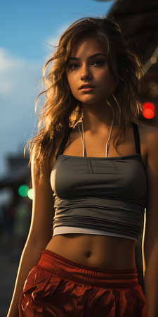 tube woman headphones standing train platform midriff light hair talented princess perfect proportions defined face street wearing girl athletic highlighted still crop top scenic, generative aiの素材