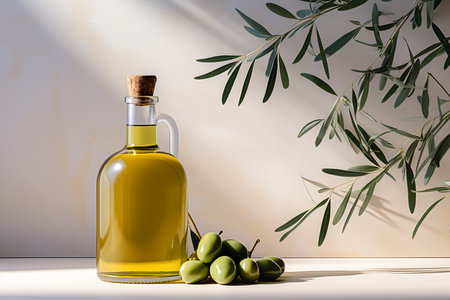 bottle olive oil olives table inside tall room news report profile sweeps half body cropping defined outlines standing shelf tree, generative aiの素材