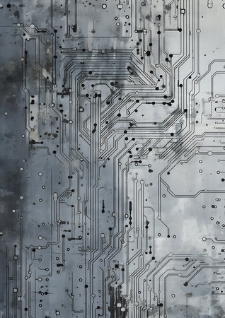 This closeup computer circuit board has a lot of holes in it, making it look like a dystopian, gray forest background. The metal armor on the board looks like it is abstract and conceptual, and the ghost machine behind it looks like it is unconnected and solid. The algorithmic texture on the board makes it look like it is closeup and unconnected.の素材