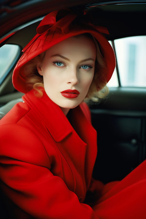 A closeup of a woman in a red coat and hat sitting in a car. Warwick Saint Muse is a talented photographer who is known for his closeups of famous people. In this photo, he captures the beauty of a woman in a simple moment.の素材