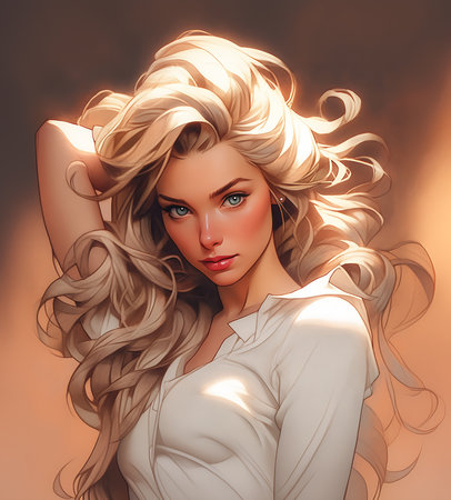 This closeup of a beautiful woman with long blonde hair and blue eyes is simply stunning. She has a natural talent for streaming and looks gorgeous in soft lighting. Her curly white avatar is the perfect cover for her.の素材