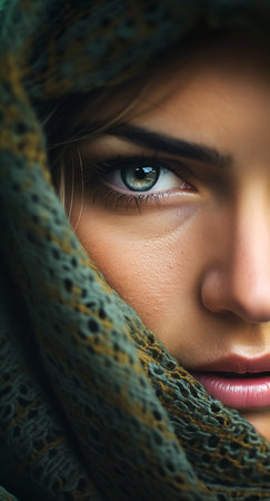 A cine woman with a scarf covering her face and eyes in green looks focus gaussian blur girl love young adult novel cover closeup persian queen gaze facing looking viewer female. She looks like she&#39;s in love, and she&#39;s looking at the viewer with a gentle gaze. It&#39;s a beautiful image, and it looks like the woman is a Persian queen.の素材