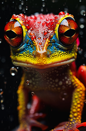 This closeup of a frog&#39;s face is simply amazing. The vibrant colors and rich texture are breathtaking. The yellow legs and red nose stand out against the deep green of the frog&#39;s skin. The tiny droplets of water add to the feeling of rain. This frog looks simply amazed by its own reflection.の素材