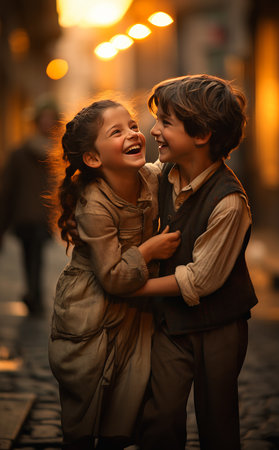The laughter of two children hugging and laughing on the street as the sun sets is a beautiful sight. Their sparkling hazel eyes and smiling faces are a joy to behold. The viewer can't help but feel happy when watching them. The colors are bright and beautiful, and the stars shining in the sky add to the magical feeling.の素材