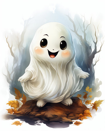 This closeup cartoon ghost has long white hair and a pocket monster companion. The cute happy face has hollow cheeks and a soul floating dog boy. The albino mystic illustration res scan celebration costume is a great way to celebrate your Halloween!の素材