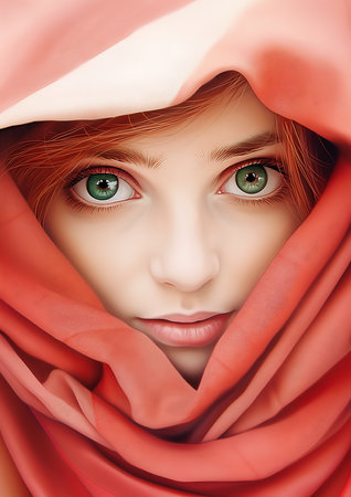 A woman is covering her face with a scarf. She has red hair and green eyes. She looks fairylike and has pink skin. The scarf is big and light. It has an oval shape and is pristine. It is hidden behind her.の素材