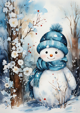 snowman blue hat scarf snow wallpapers cute princess smiling seasons greeting warmly ice eyes defense adorable design unique, generative aiの素材