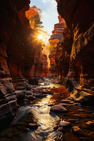 glow view river running canyon rocks trees golden hour sun sand piled corners child light singularities portlet narthex torchlit todays sunrise, generative aiの素材