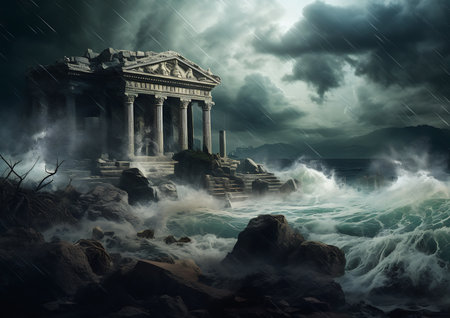 sea temple rocky shore stormy sky lost city atlantis amazing circe flood beware ides march ancient strong rain night fallen columns, generative aiの素材