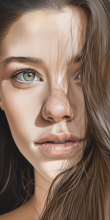 closeup woman long hair blue eyes portrait teenage girl city soft lighting colored drawing young, generative aiの素材