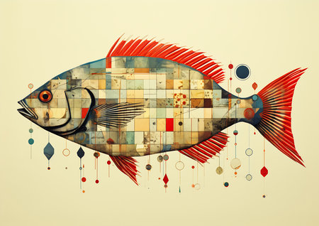 fish different colored pieces beige background arts red brown blue trappings modern life stencil, generative aiの素材
