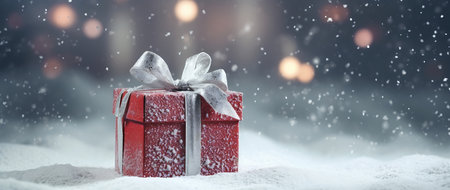 red gift box silver bow sitting snow characters color pigments spread out air crafts more volumetric diffuse shading treasure chest, generative aiの素材