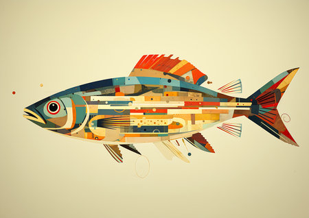 closeup fish lot different color vibrant scattered light moravian bass simplified cut away side scrolling, generative aiの素材