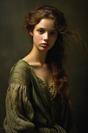 portrait woman long hair green dress girl brown necromancer foy light wall awards, generative aiの素材