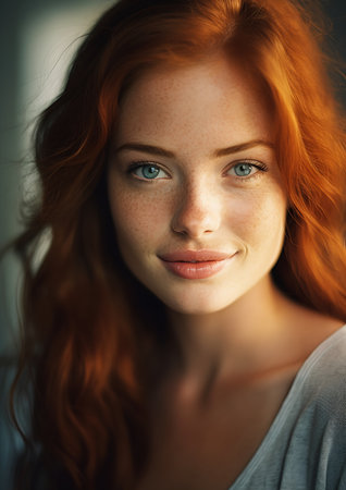 closeup woman red hair freckled eyes female girl gorgeous paladin about coral irish genes innocent smile angelic face ethiopian, generative aiの素材