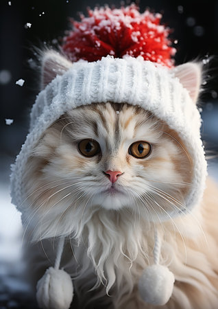 kitty cat kitten wearing hat head cold pure color background snowy environment moment frozen time profile reds white cheeks duplicate sugar sprinkled styling, generative aiの素材