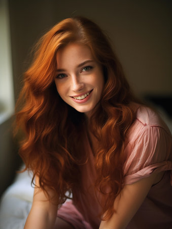 woman red hair sitting bed smiling medium long ginger grinning lasciviously young looks bit similar talented irish mid female neck, generative aiの素材