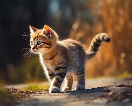 small kitten walking dirt road looking away viewer golden color tail raised society stalking sparkling lost thought sunny, generative aiの素材