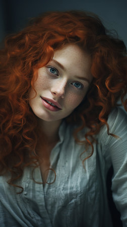 clou closeup woman red hair white shirt long curly irish genes unusually unique beauty princess light freckles female knight girl love mid, generative aiの素材