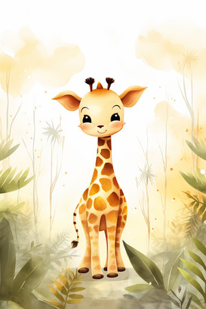 giraffe standing middle jungle cute childlike films finger blend shading coloring pages princess tall illustration, generative aiの素材