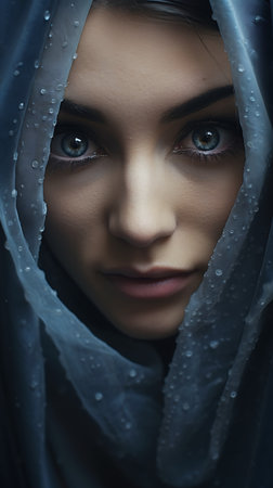 clou closeup woman veil covering face watery blue eyes rainy stormy night elfin beauty intelligent bubbling skin wonder devotion shone bright top rated slightly pointed ears, generative aiの素材