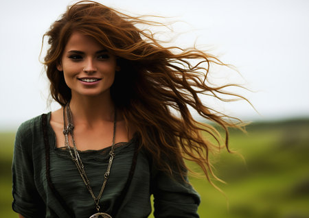 autumn woman long hair standing field necklace ginger windy tael running young representing dye smiling viewer druid muck hairs, generative aiの素材