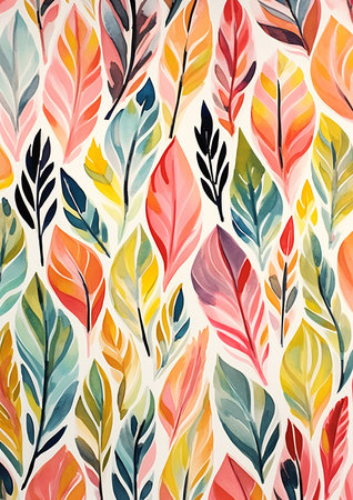 leaves feathers repeat pattern sheet paper acrylics tribal paint cardstock city flames soft color wall mural feather, generative aiの素材
