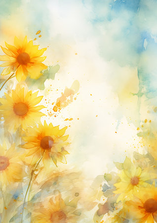 yellow flowers painted crystallic sunflowers blurry distant background solar beings wearing sundress paint strokes swirling gardens beams sunlight, generative aiの素材