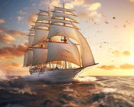 sailboat sailing ocean sunset birds flying adventure captain crew see, generative aiの素材