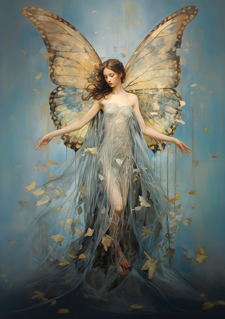 law woman butterfly wings dress stunning fairy dressed long fluent clothes colors magazine mana air fanciful, generative aiの素材