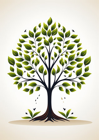 tree green leaves birds flying illustration roots dangling below black color infinite regression necrosis genetic grieving values flat shapes creating soft recycled gen legacy cultivator streams, generative aiの素材