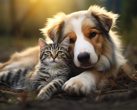 dog kitty cat kitten laying together ground closeup studio relaxing smiling professional couple walking hand close border collie intelligent eyes end day connecting life, generative aiの素材
