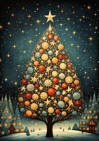 tree ornaments crisp texture twinkling stars round cropped illustrator square streaming used bright cover magazine, generative aiの素材