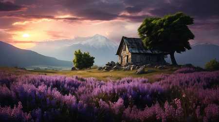 house middle field purple flowers oil mountain sunrise digital color panoramic imagery witcher coniferous forest, generative aiの素材