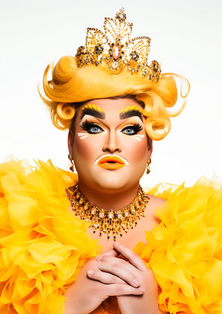 woman yellow dress crown head candy drag queen professional profile chicken feathers moderator closeup shoot white face makeup humanization duck bourgeoise poster peacock just swan, generative aiの素材