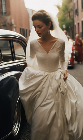 lea woman wedding dress leaning against car princess couture standing front altar robin top rated perfect nose looks young talented, generative aiの素材