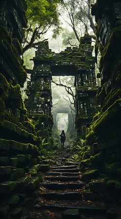 person walking stone staircase forest ruined temple covered moss crumbling ancient skyscrapers shadows asian landscape eerie moorlands behind architectural digest vertical shrine last, generative aiの素材