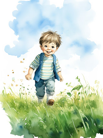 little boy walking field grass illustration mayer towards happy vertigo eyes open wonder greeting warmly ability blue, generative aiの素材