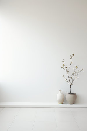 interior two vases flowers them white floor stoic calm japanese apartment elm tree simple effective composition wall empty daylight tranquility wooden, generative aiの素材