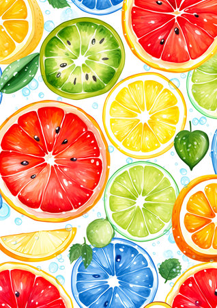 closeup sliced fruit white surface illustration sunny environment cold drinks sprays lemon skin texture bright bold color sales painted deep oranges spring drink, generative aiの素材