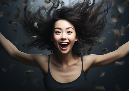 per woman hair flying air asian descent expressing joy feather slightly happy facial expression young mix genders overjoyed large eyes, generative aiの素材