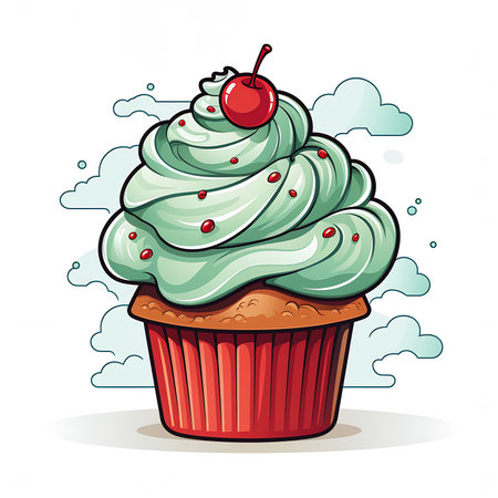 cartoon cupcake green frosting cherry top grey background illustration used bright streaming texture unused design flour emote craving fat listing oven avatar sprays, generative aiの素材
