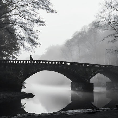bridge river person standing moody monochrome color brandywine school young early morning wanderers traveling afar stately silent echo, generative aiの素材