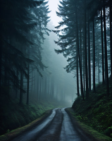 road middle forest tall trees landscape north bend natural beauty sinister ambiance serene emotion scary night wet, generative aiの素材
