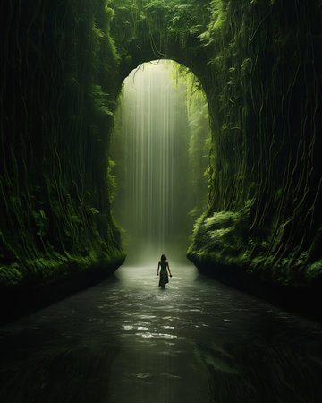 person standing river forest waterfall liminal space hallway green screen japanese inspiration background jungle light scene liquid dream endless entrance tunnel far princess, generative aiの素材
