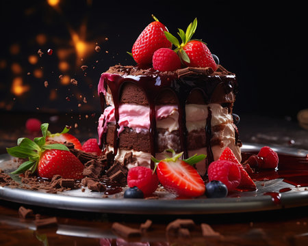 closeup chocolate cake strawberries sauce border delightfully crazy diaphanous inside kitchen sea parfait tensive mood diner rich deep pink perfect drow wall fun strong walls, generative aiの素材