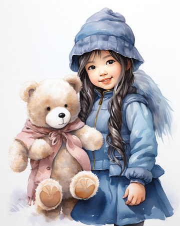 two girl holding teddy bear winter coat drawing depicted angel brown eyes long smiles slightly friend studio bears dressed fluent clothes petrol young, generative aiの素材